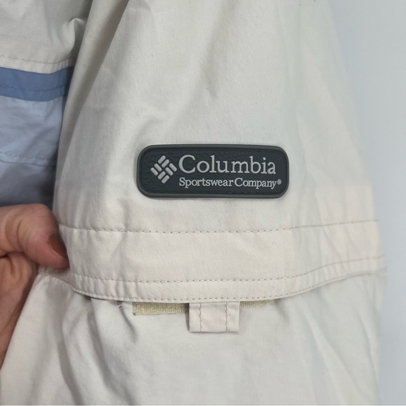 Columbia Women’s Hooded Lightweight Packable Raincoat in Cream and Blue Size XL - Picture 6 of 12